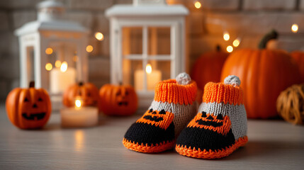 Halloween baby booties with pumpkin face pattern placed on table surrounded by lanterns candles and pumpkins  with autumn decoration seasonal celebration children clothing and cozy festive background