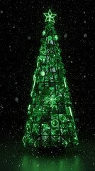 Green Christmas tree on a dark snowy background with glowing snowflakes, designed as a festive mobile wallpaper or screensaver in high-definition resolution. Perfect for seasonal branding and decor.
