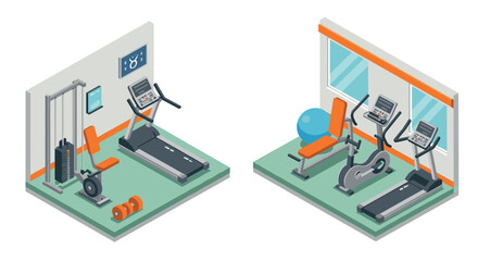Obraz premium Modern isometric gym interior with fitness equipment and treadmills