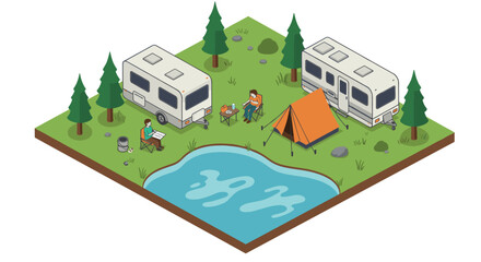 Fototapeta premium Isometric camping scene with rvs, tent, and lake in forest setting