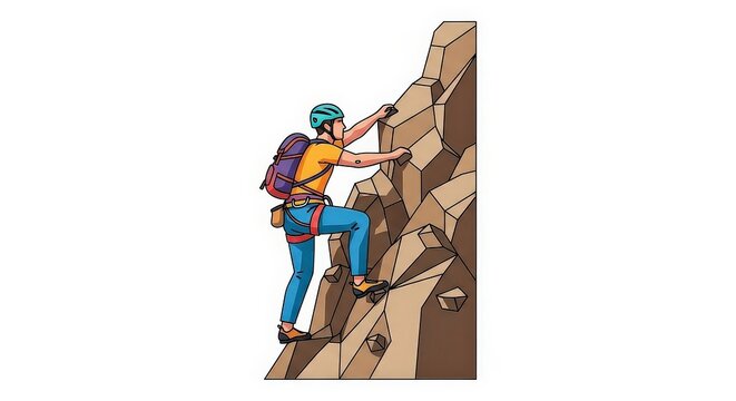 An illustrated person wearing a helmet and backpack rock climbing up a steep cliff.