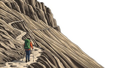 Illustration of a lone hiker with a backpack and poles ascending a steep, winding trail on a rocky mountainside.