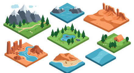 Obraz premium Isometric landscape collection: mountains, forests, deserts, and oceans in geometric style