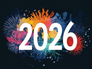 Bold "2026" in Modern Sans-Serif Typography with Colorful Fireworks Background, Vibrant Dynamic Shapes for New Year Greeting and Event Promotion.