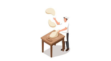 Baker tossing pizza dough in kitchen isometric art
