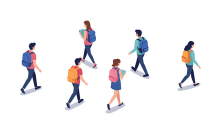 Isometric students walking with backpacks on campus pathway