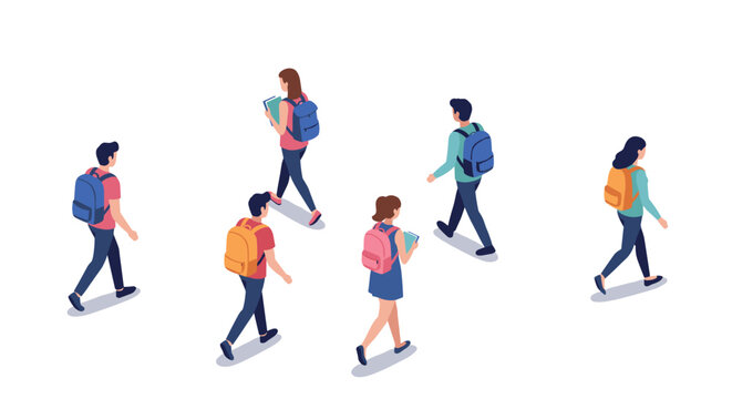 Isometric students walking with backpacks on campus pathway