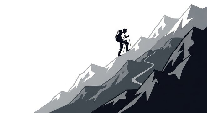 A lone hiker with a backpack and trekking poles ascends a steep, winding path up a mountain range.