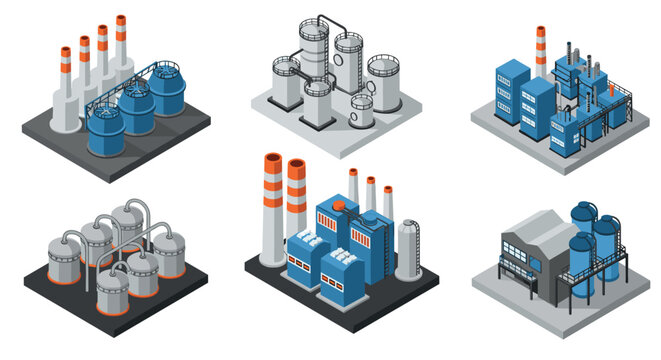 Isometric industrial factory icons set featuring refineries and power plants