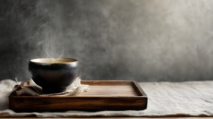 Hot tea cup on a wooden tray with steam rising, placed on a linen cloth