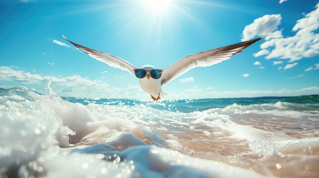 A fashionable bird in sunglasses, flying gracefully over the ocean waves under a bright sun.