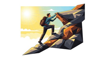 Naklejka premium A determined hiker with a backpack climbs a rugged mountain peak under a bright, sunny sky, symbolizing adventure and overcoming challenges.