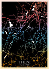 Theni Tamil Nadu City Map. City downtown abstract travel art, modern background, colorful graphic design, new office banner, art street view paint