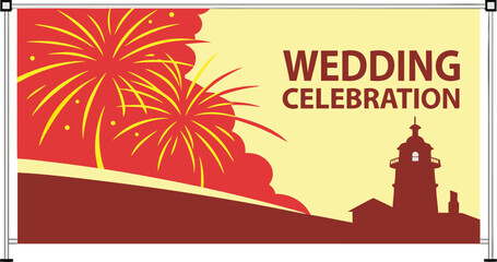 Vibrant wedding celebration banner with fireworks and iconic building, perfect for festive announcements and event decor