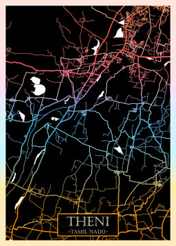 Theni Tamil Nadu City Map. City downtown abstract travel art, modern background, colorful graphic design, new office banner, art street view paint