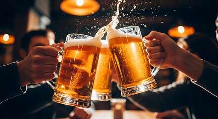 Friends toasting with frothy beer mugs clinking celebration
