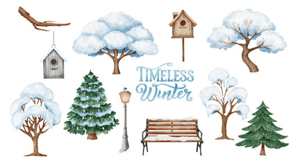 Watercolor winter scene with snowy trees, benches, street lamp, and birdhouses. Gentle pastel style. Perfect for postcards, winter prints, and seasonal decor.