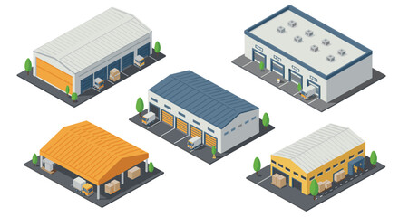 Naklejka na ściany i meble Isometric warehouse graphics: diverse building designs with trucks and storage