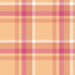 Warm plaid pattern featuring a grid of interwoven lines in hues of peach, pink, and white. Versatile background for textile design, fashion, or festive decor.