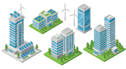 Isometric green energy buildings set with wind turbines and solar panels