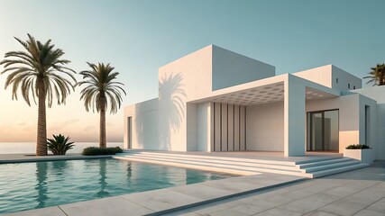 Modern white villa with infinity pool and palm trees by the sea