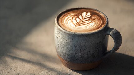 Latte art in a ceramic mug with neutral tone setting and ample