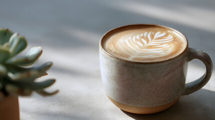 Latte art in a ceramic mug with neutral tone setting and ample
