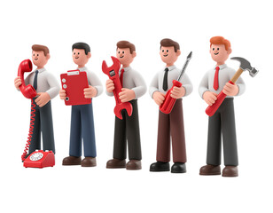 Fototapeta premium 3D Realism Businessmen with Tools, Crimson Wrench and Hammer on Transparent Background, Graphic Asset