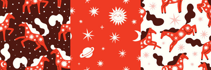 Seamless pattern set with decorative red horses. For prints, textile, wrapping paper, New Year 2026 design. Chinese zodiac, Year of the horse.