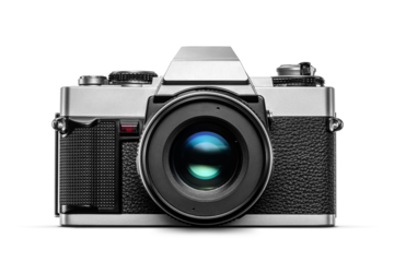 Vintage analog film camera with lens isolated. Transparent PNG image.