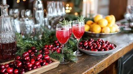 A festive bar setup with cranberry rosemary drink station.