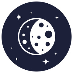 Crescent moon with craters and stars on dark round background cosmic design