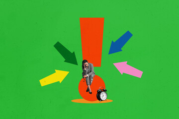 Sketch image trend artwork 3D collage of venture target showing direction route arrow point graphics young woman sit depressed clock time