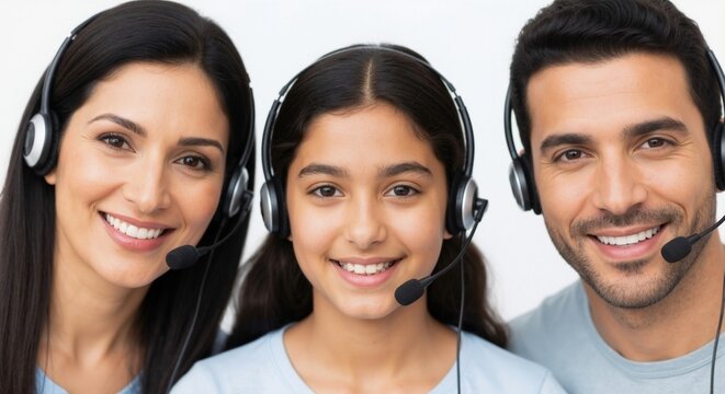 Happy family with headsets smiling at the camera. Portrait of a mother, father, and daughter working as a customer service team. Call center and communication concept - Powered by Adobe