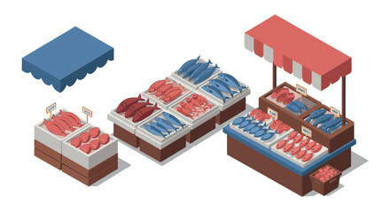 Fototapeta premium Isometric market stalls with fresh fish and seafood under colorful awnings