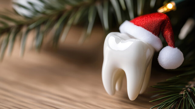 White dental mascot wearing festive santa hat beside pine branches, glowing light bulb, wooden surface highlighting holiday dental cheer