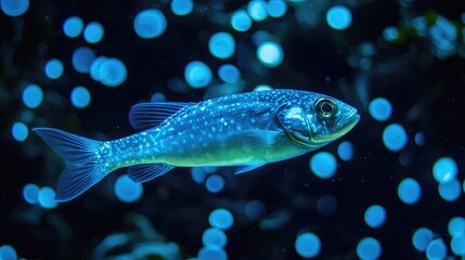 Fototapeta premium A fish surrounded by a cloud of bioluminescent spores or bubbles