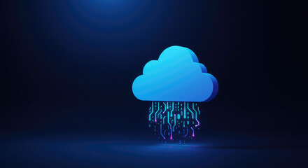 A digital cloud with circuit board rain on a dark blue gradient background