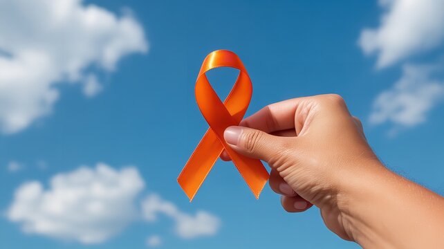Closeup of a hand holding an orange ribbon against a blue sky with fluffy white clouds, symbolizing awareness and support for a cause