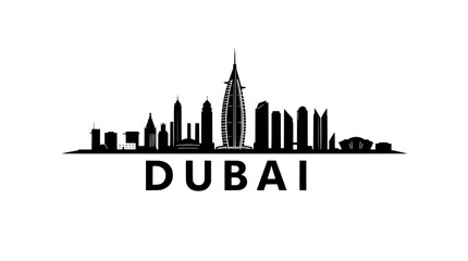 Fototapeta premium A detailed vector illustration of the Dubai skyline at eye-level, rendered in solid black on a pristine white background, showcasing the iconic Burj Al Arab in silhouette form, along with surrounding 