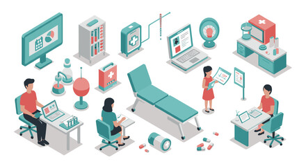 Fototapeta premium Isometric medical office: technology, data analysis, and healthcare work environment