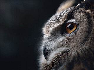 Obraz premium Intense closeup of an owls face, showcasing its striking amber eye and detailed feathers against a dark background. Evokes wisdom, mystery, and the power of nature.