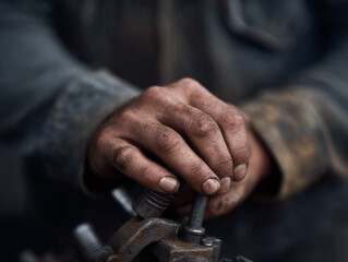Detailed closeup of weathered, hardworking hands holding a mechanical part. Powerful imagery for themes of labor, industry, craftsmanship, and resilience. Authentic  impactful.