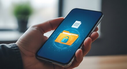 Hand holding phone secure file icon mobile device