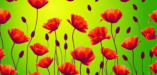 Silhouette poppies seamlessly repeat on a vibrant green background, pattern, design