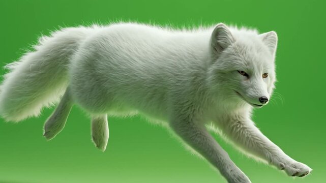Arctic fox mid air leap against a vibrant green backdrop in a studio setting view from the side