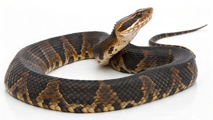 Obraz premium Realistic Moccasin Snake with dark brown scales and light band patterns, coiled on a clean white studio background, detailed cottonmouth snake portrait, sharp focus, professional lighting