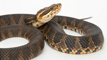 Fototapeta premium Realistic Moccasin Snake with dark brown scales and light band patterns, coiled on a clean white studio background, detailed cottonmouth snake portrait, sharp focus, professional lighting