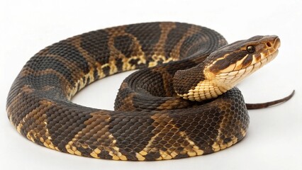 Fototapeta premium Realistic Moccasin Snake with dark brown scales and light band patterns, coiled on a clean white studio background, detailed cottonmouth snake portrait, sharp focus, professional lighting