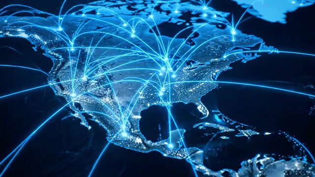 Glowing Network Connections Over North American Continent Map